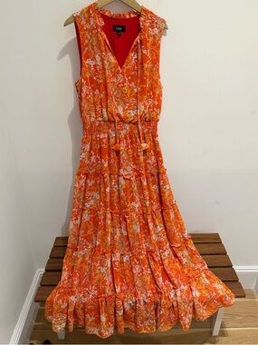 MSK Orange Floral Tiered Maxi with V-Neck and Waist Tie